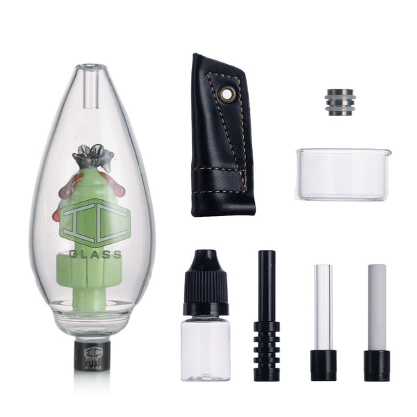 IC Glass Haze Craze terp collector kit with glass chamber, storage container, tips, adapter, and protective sleeve in milky green