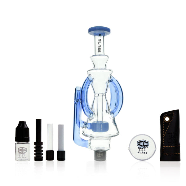 IC Glass Oregon multi tube recycler with blue accents, shown as a 2-in-1 nectar collector and percolator kit with included accessories