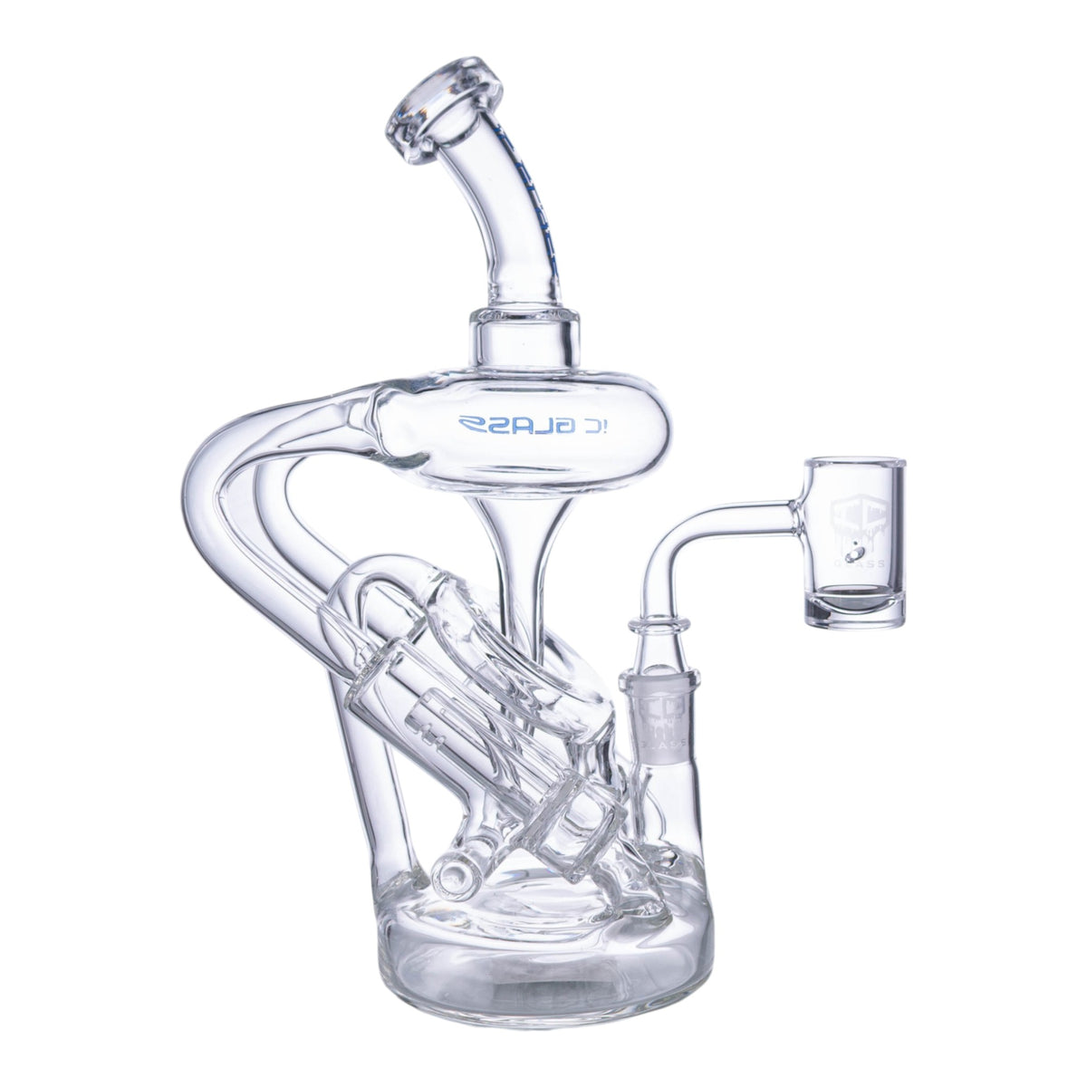 Clear glass water pipe with a curved neck, internal chamber, and separate quartz banger attachment, shown on a plain white background.