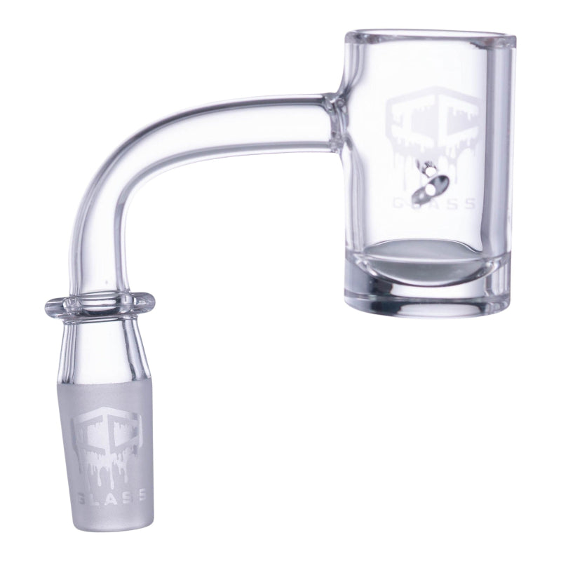 Clear Quartz banger neck piece with a 45-degree elbow joint and a cylindrical bowl base, both featuring an etched logo that reads 'IC GLASS' beneath a shield icon.