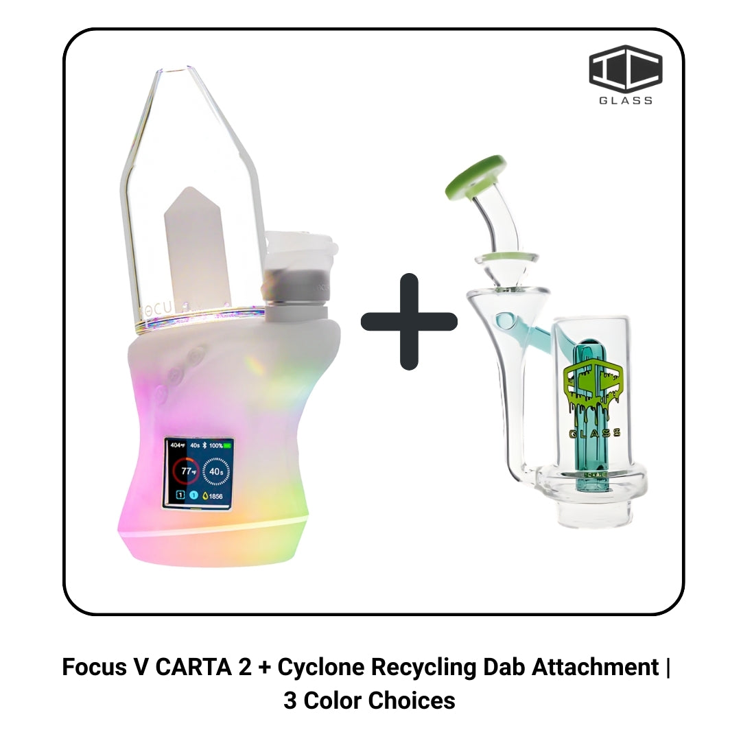 A green IC Glass Cyclone Recycling Dab Attachment for the Focus V Carta 2 electric dab rig, showing the glass structure and branding.