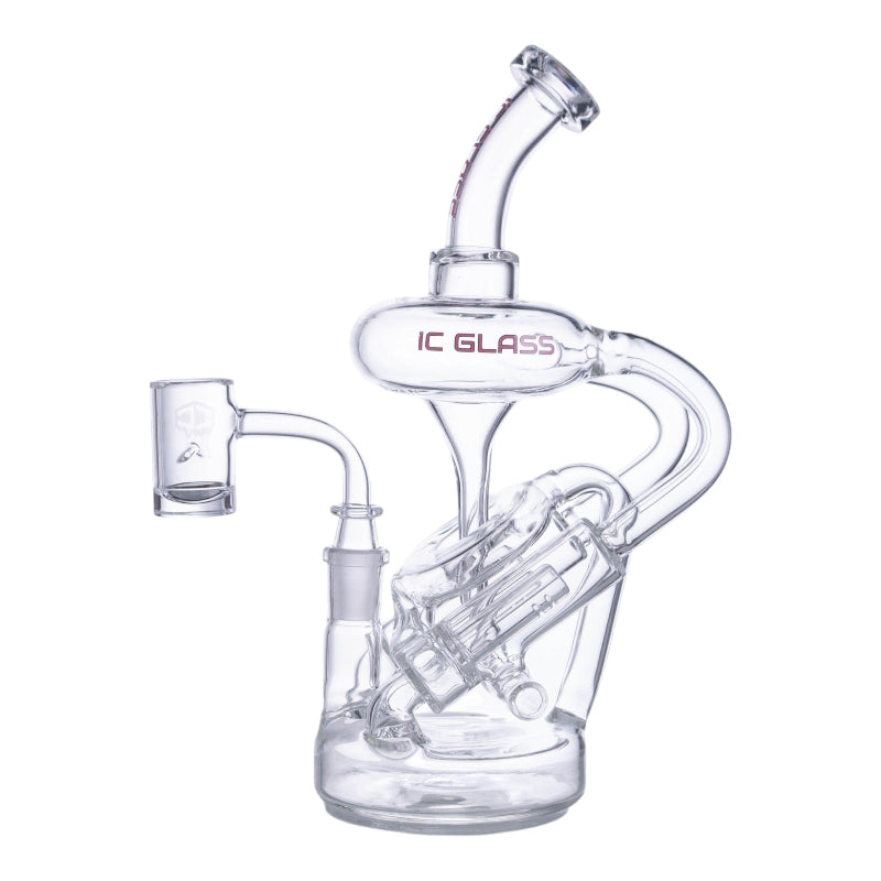 A clear glass water pipe with a curved neck, internal chamber, and side attachment, shown on a plain white background. The brand name 'IC GLASS' is printed on the side.