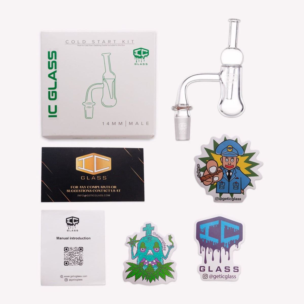 IC Glass Aeolus cold start banger 14mm 45 degree with hollow carb cap placed on bucket opening
