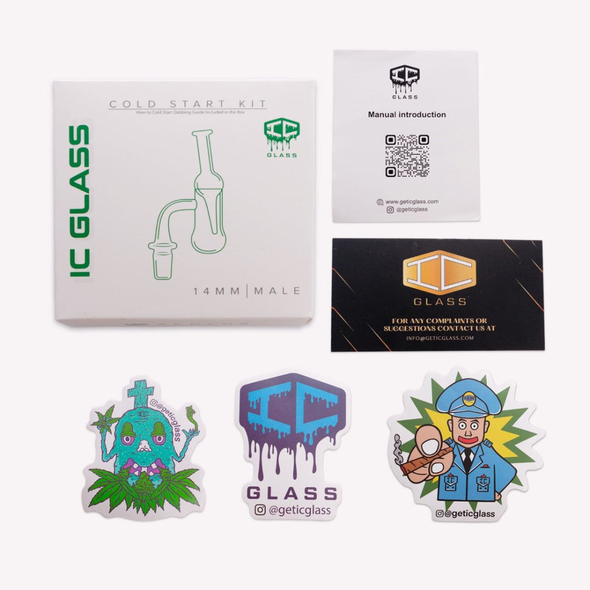 IC Glass Aeolus 14mm 90 degree cold start banger and carb cap set full kit overhead view
