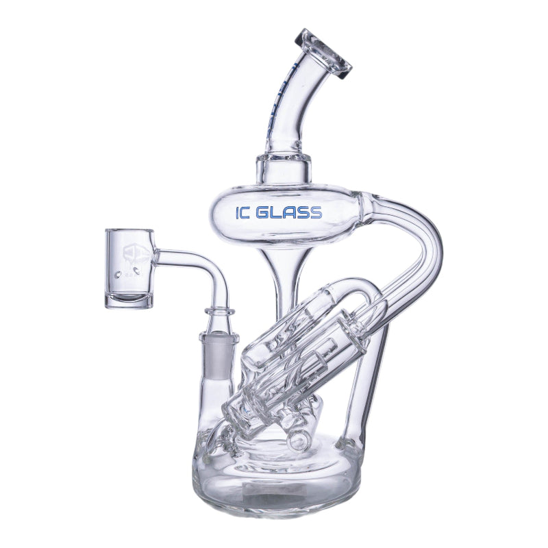 A clear glass water pipe with a curved neck, internal tubes, and a side attachment, featuring the brand name 'IC GLASS' printed in blue on the main chamber, set against a plain white background.