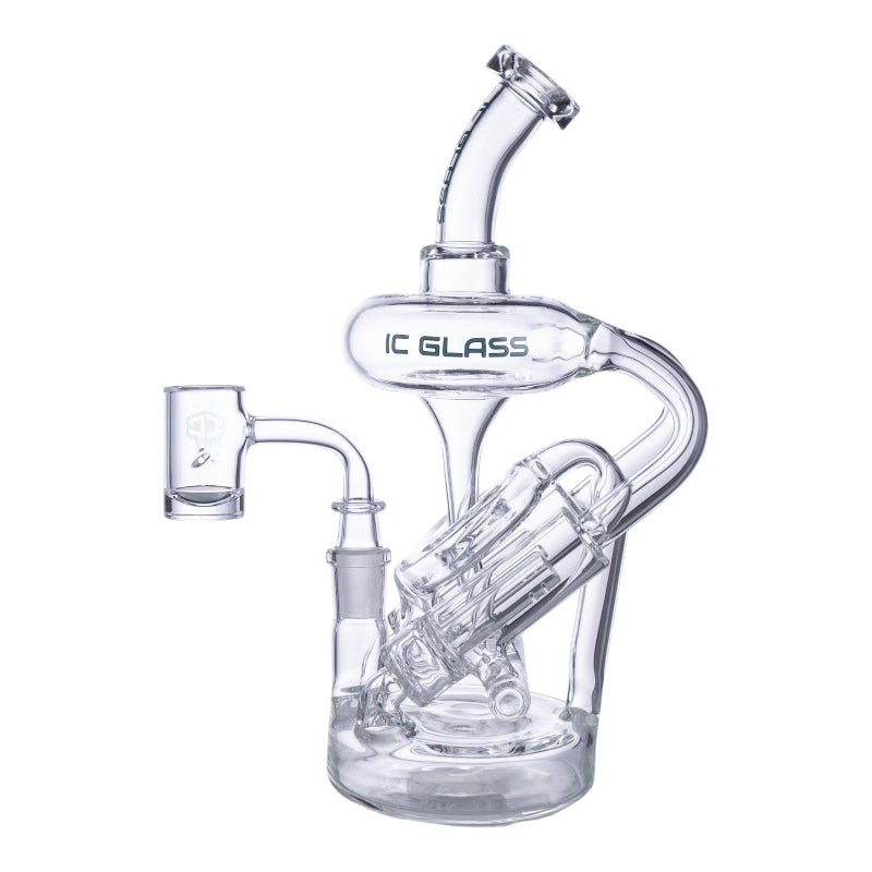 A clear glass water pipe with multiple chambers and a curved neck, featuring the brand name 'IC GLASS' printed on the side, set against a plain white background.