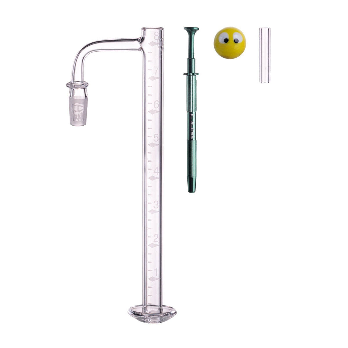 Side view of the 8-inch tall tower banger by IC Glass with 14mm male connection