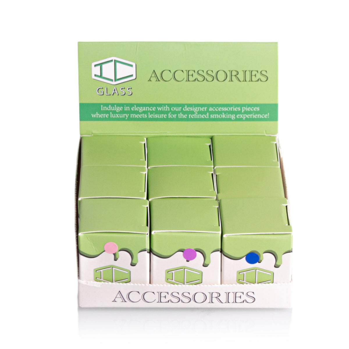 IC Glass Adapter 9-piece retail box featuring assorted borosilicate glass colors.
