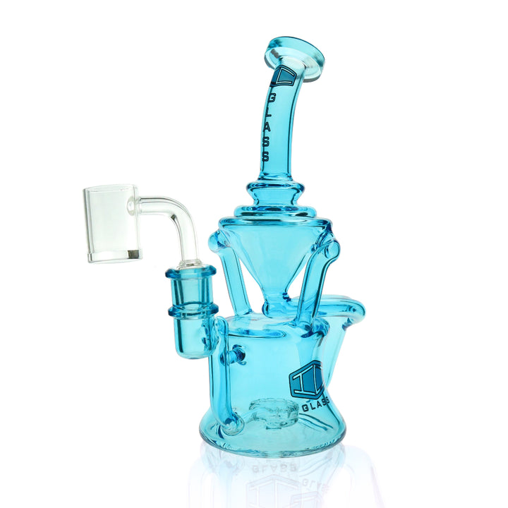IC GLASS recycler rig with quartz banger – side angle