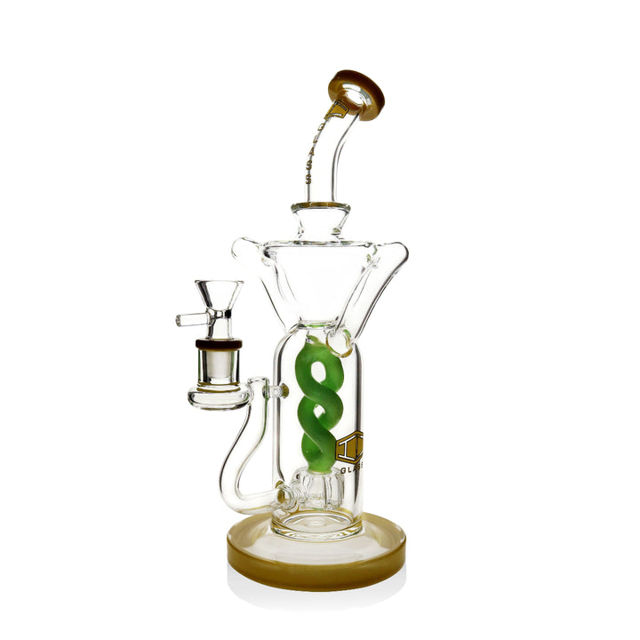 Lifestyle photo of IC GLASS dual color recycler bong on desksetup
