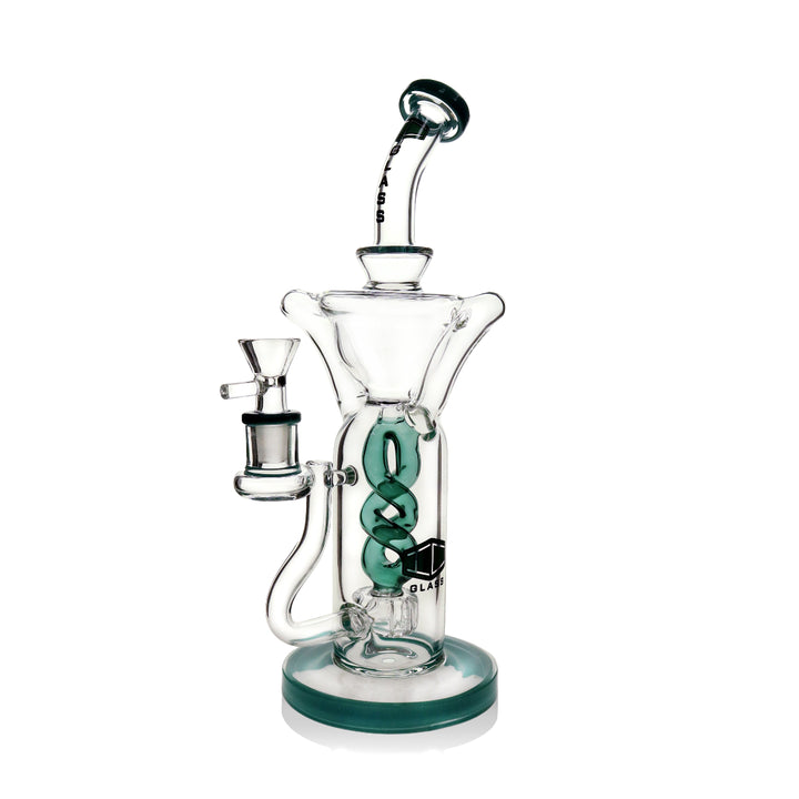 45 degree angle shot of dual color recycler bong with twist perc