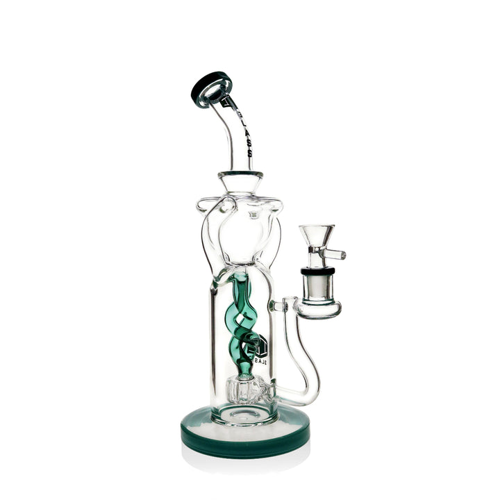 Top-down view of recycler bong showing mouthpiece and joint