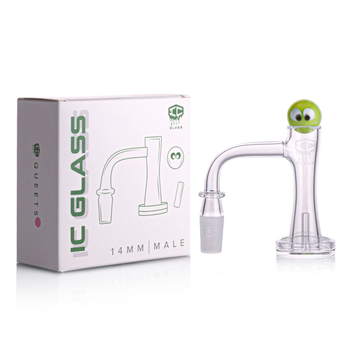 IC GLASS QUEETS 14mm male 90D banger product photo with accessories
