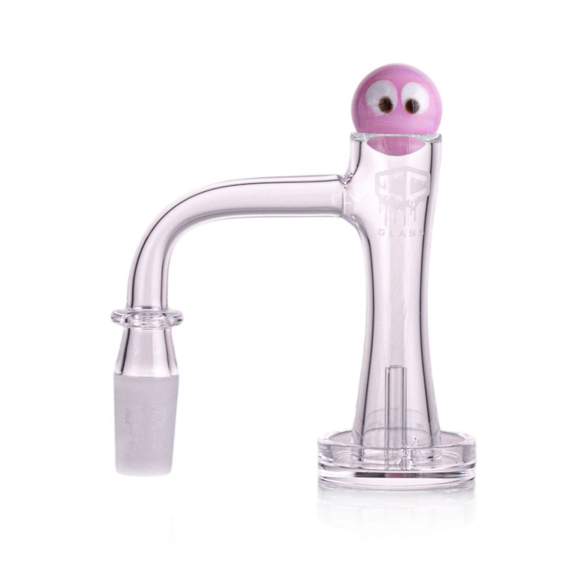 Close up of pink quartz banger bucket on IC GLASS QUEETS 14mm male 90D banger