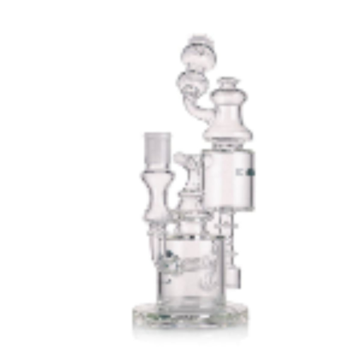 Side angle of thick glass recycler bong with banger ready for use