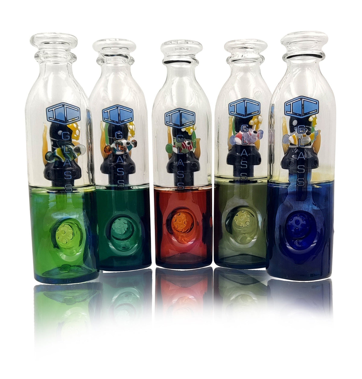 Full view of IC Glass fish glass handpipe in all 5 colors