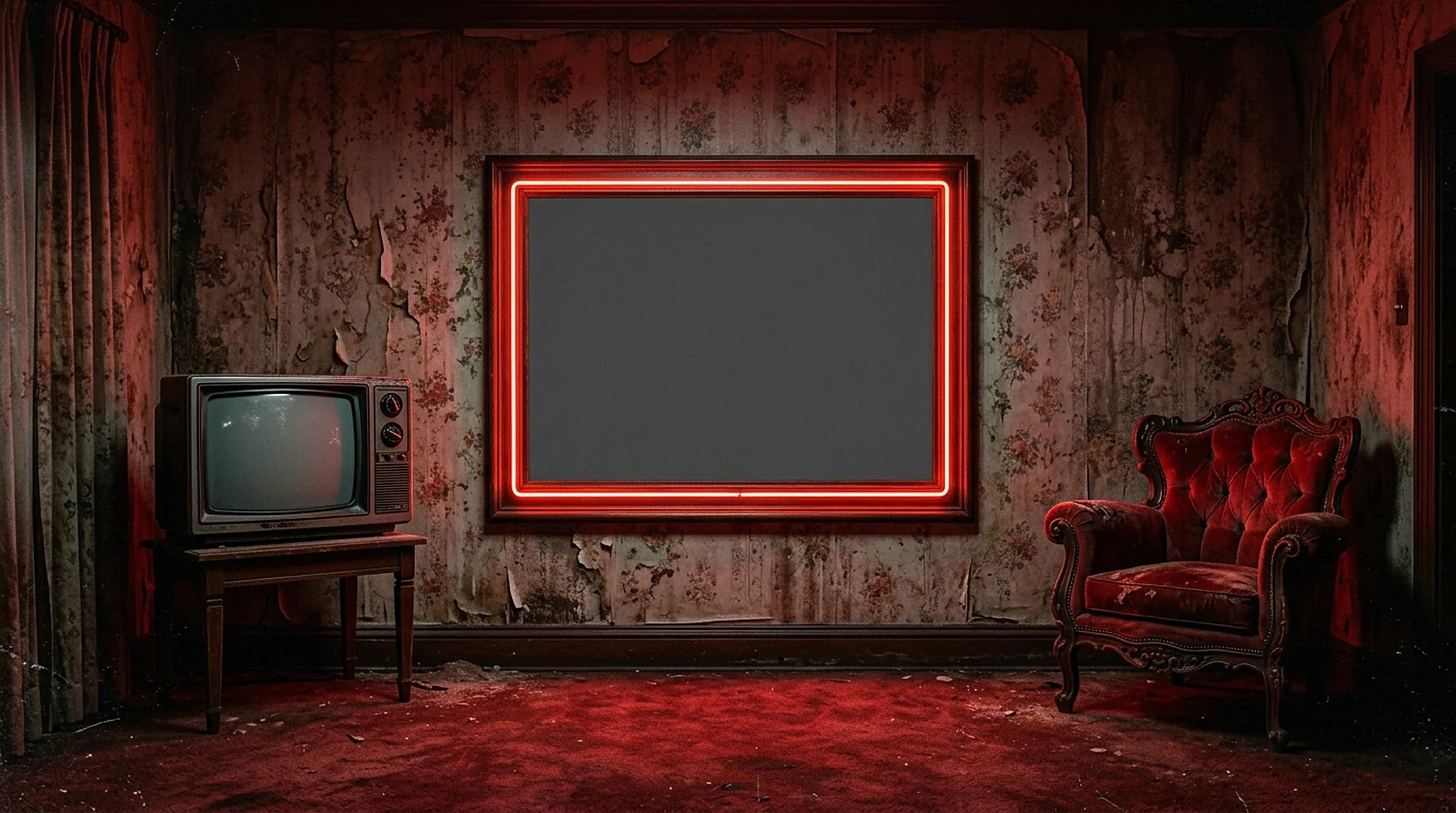 A dark red room with an old television, a velvet armchair and the Glass After Dark poster glowing on the wall