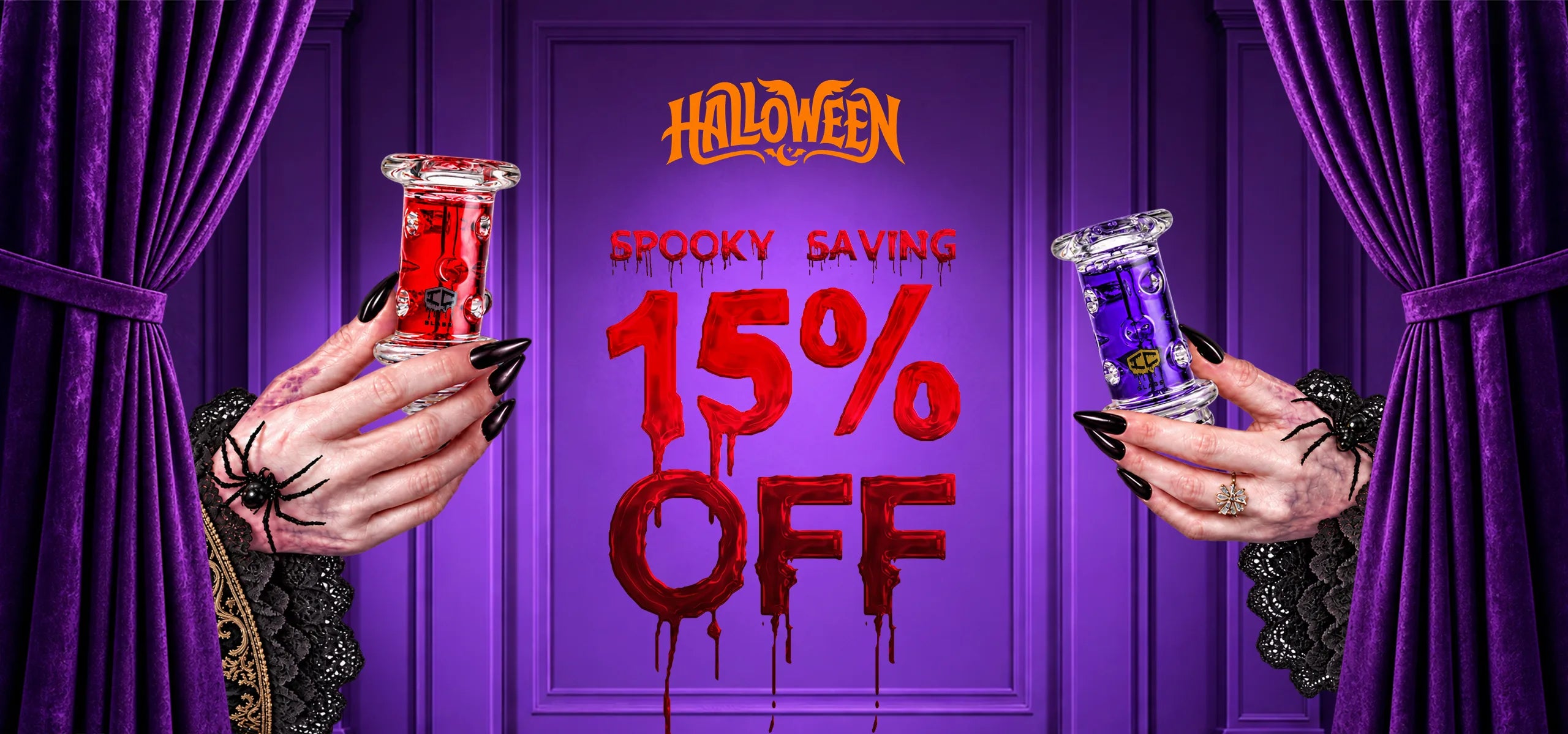Halloween: 15% off. Two hands holding red and purple IC Glass Carta freezable pieces.