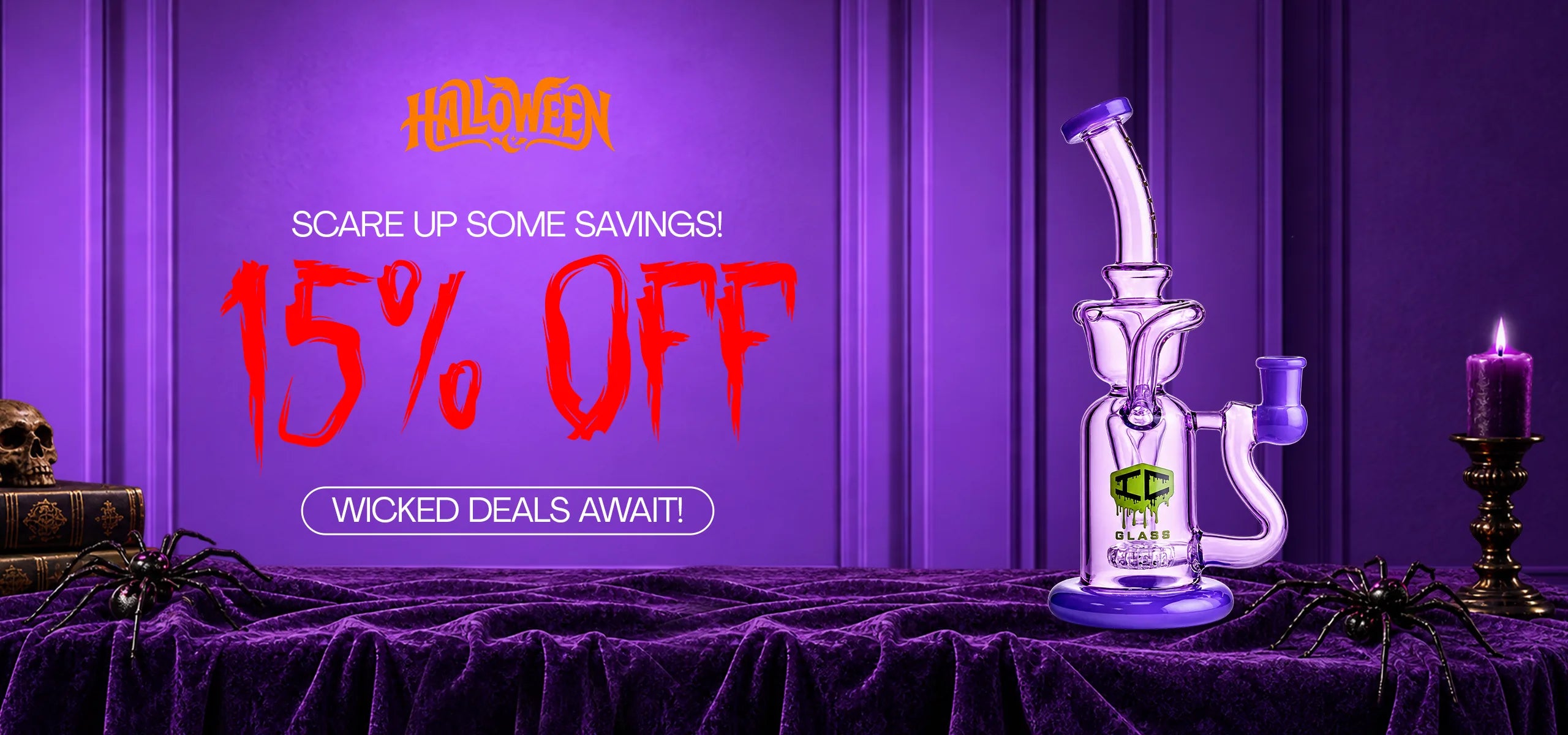 Halloween: scare up some savings, 15% off. A purple IC Glass recycler water pipe on a velvet table.